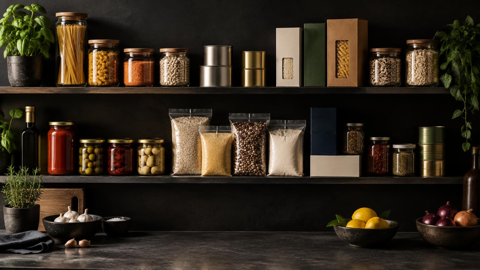 Organized grocery and pantry inventory on shelves