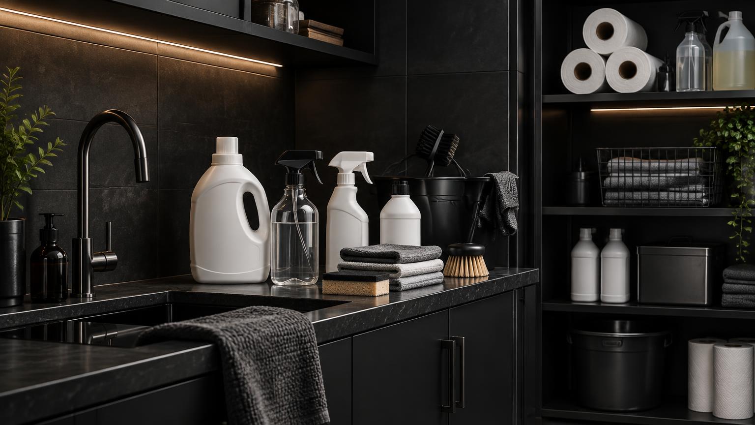 Household and cleaning products arranged on shelves
